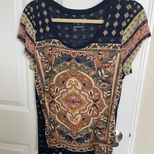Lucky Brand Blue and Cream Graphic Short Sleeve Blouse